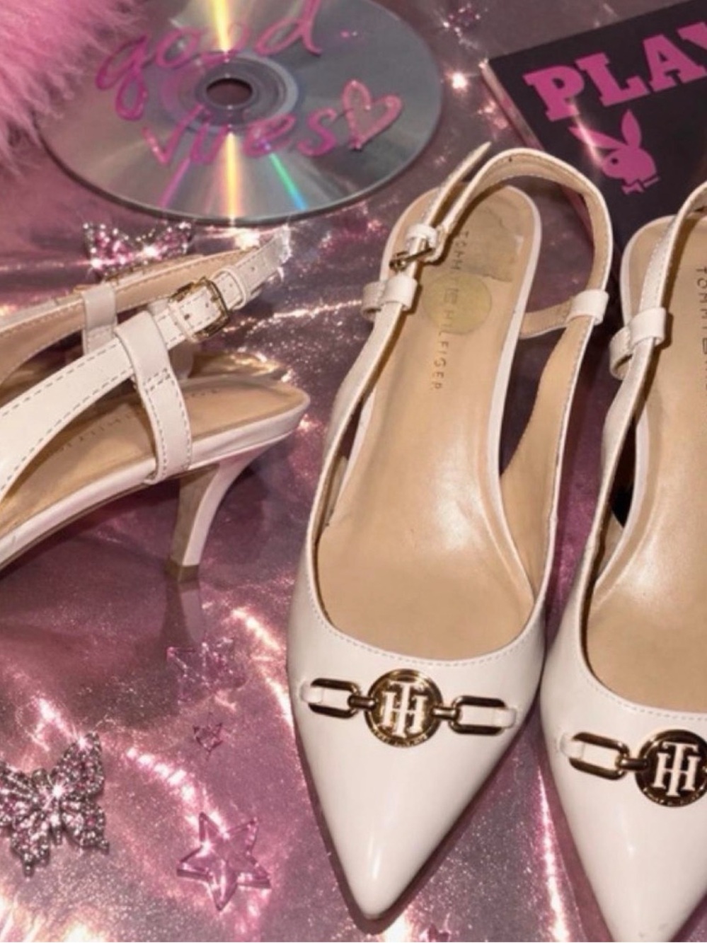 Tommy Hilfiger Cream Pointed-Toe Slingback Kitten Heels with Gold Logo